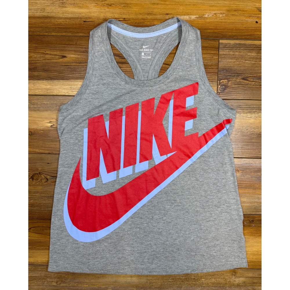 Nike Womens Gray Red Futura Logo Racerback Tank Top Size M Sportswear Tri-Blend